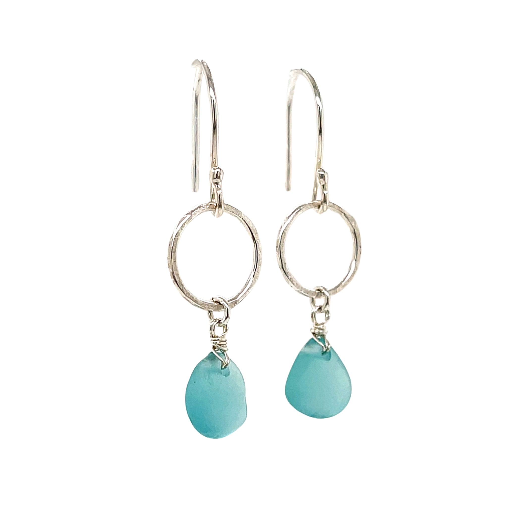 Turquoise Sea Glass Silver Circle Earrings