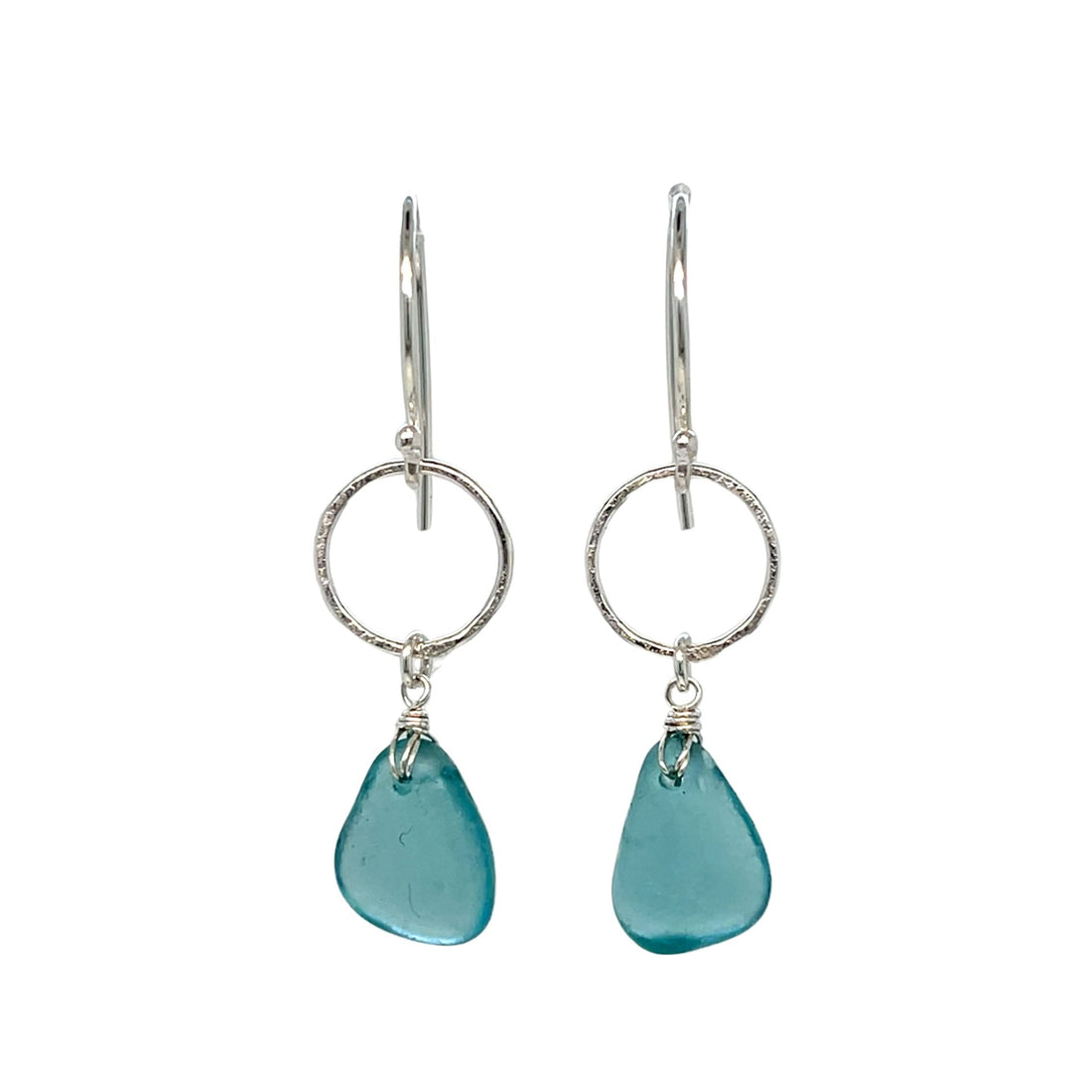 Turquoise Sea Glass Circle Silver Earrings