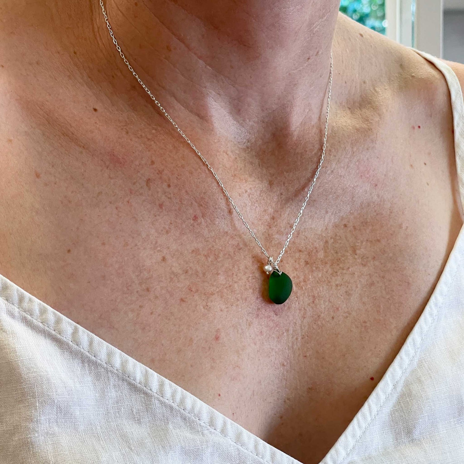 Emerald Green &amp; Pearl Silver Sea Glass Necklace