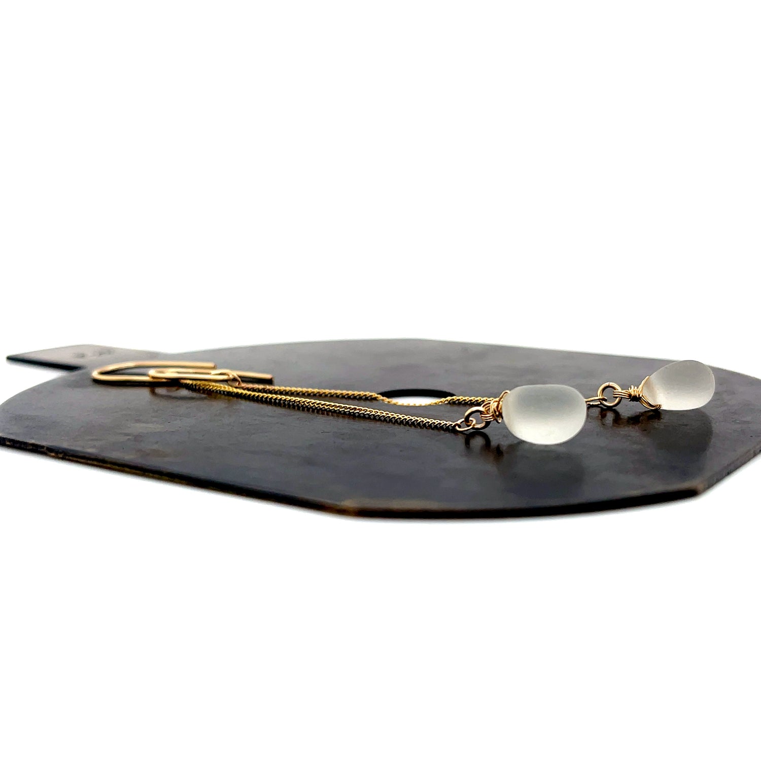 Clear Sea Glass Chain Gold Earrings