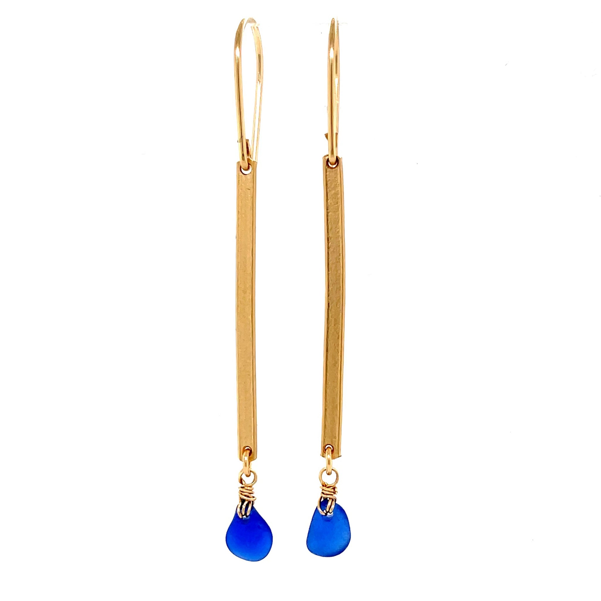 Gold Bar Drop Earrings - Blue Sea Glass Earrings.