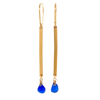 Gold Bar Drop Earrings - Blue Sea Glass Earrings.