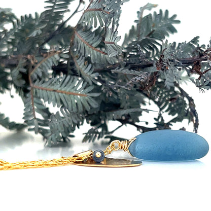 Denim Blue Sea Glass Gold Leaf Necklace