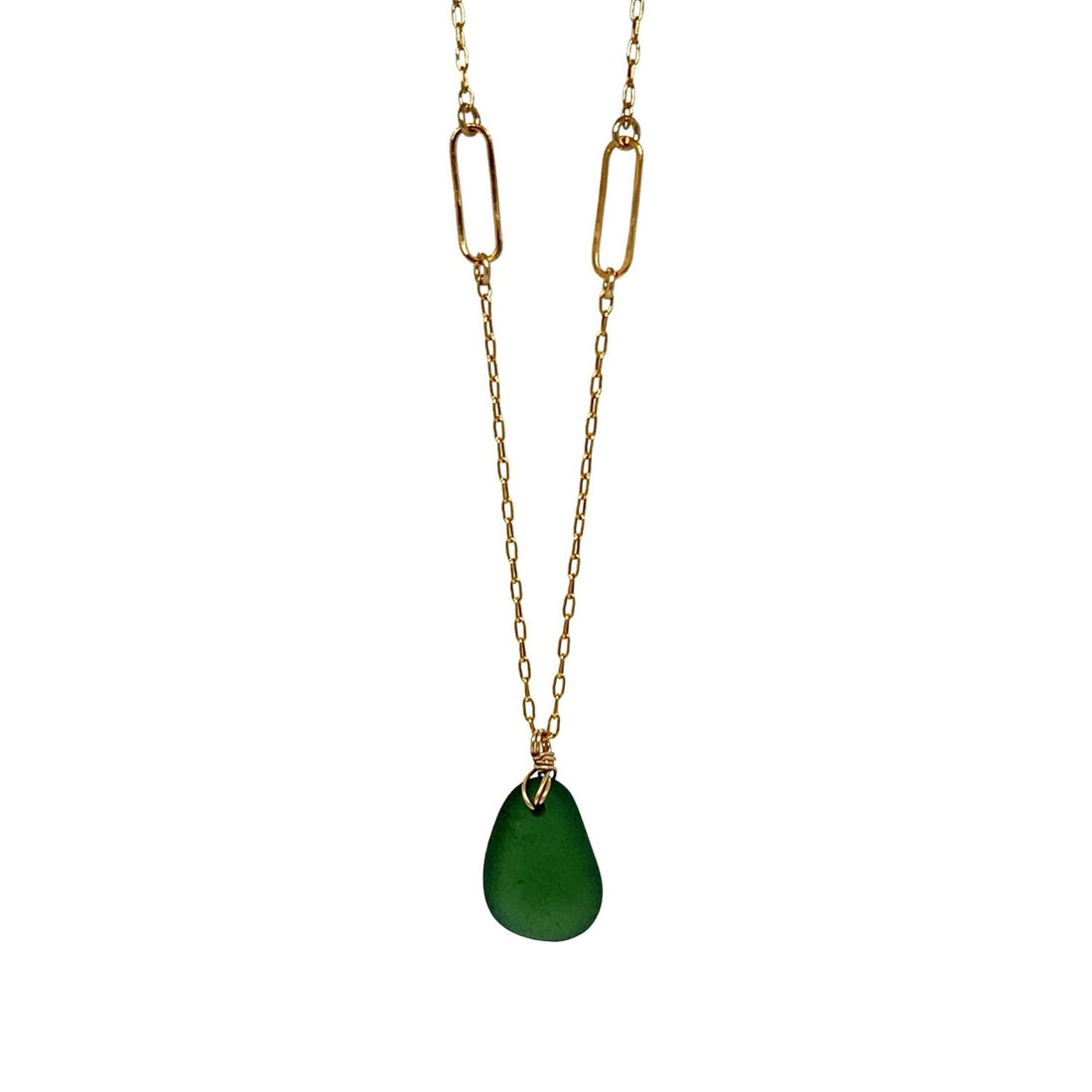 Green Sea Glass Paperclip Gold Necklace