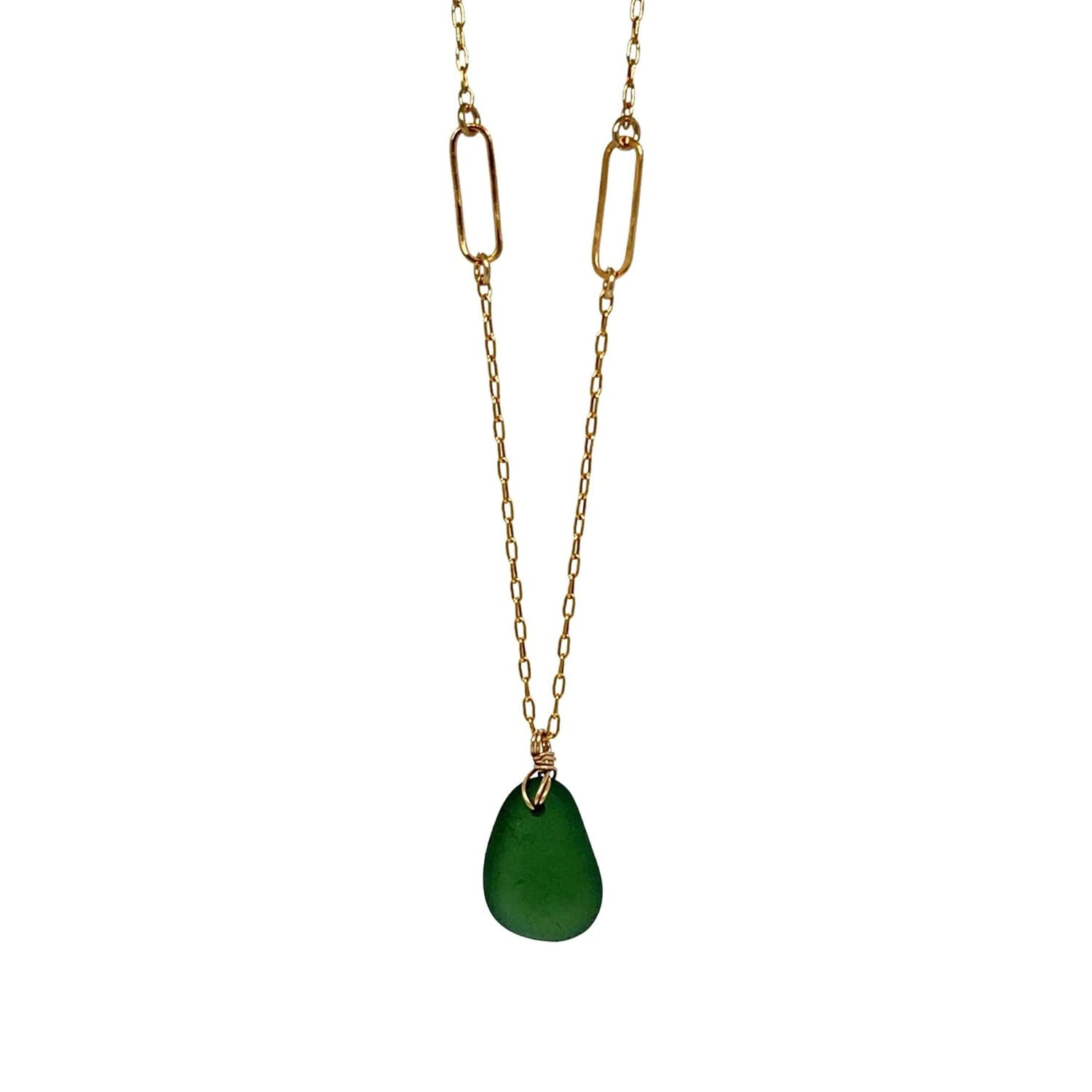 Green Sea Glass Paperclip Gold Necklace