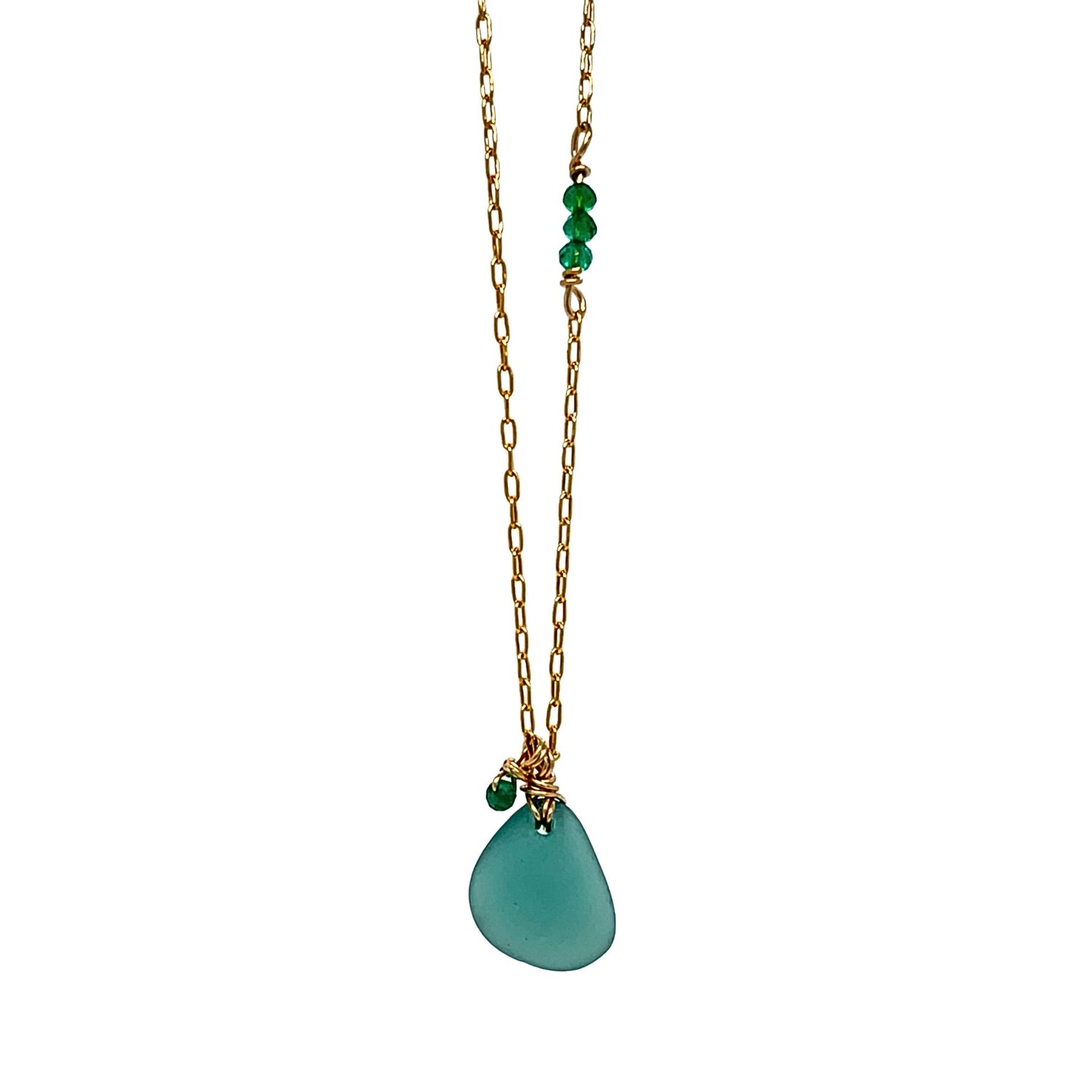 Sea green sea glass necklace with green onyx accents