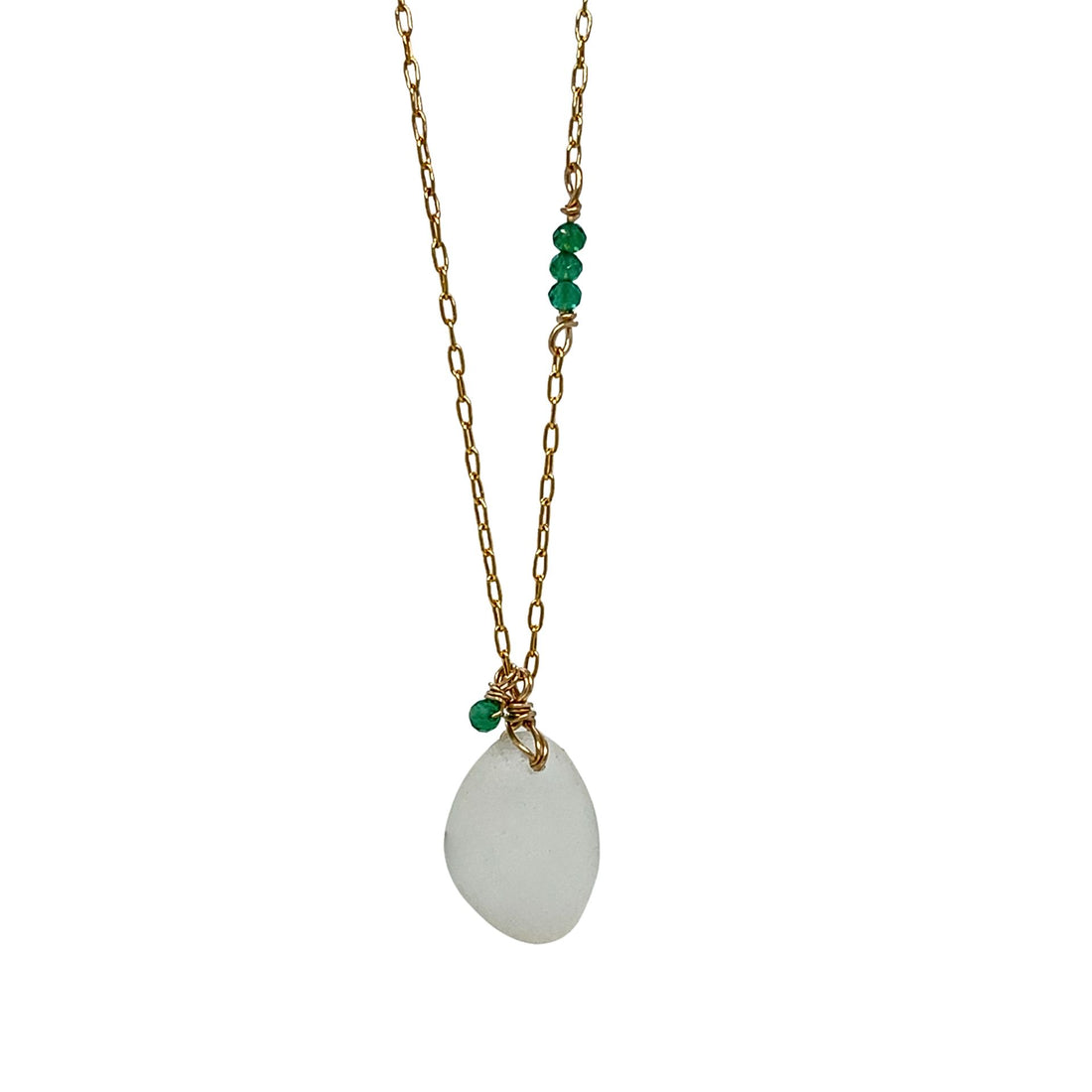 Clear Sea Glass Gold Necklace with Green Onyx