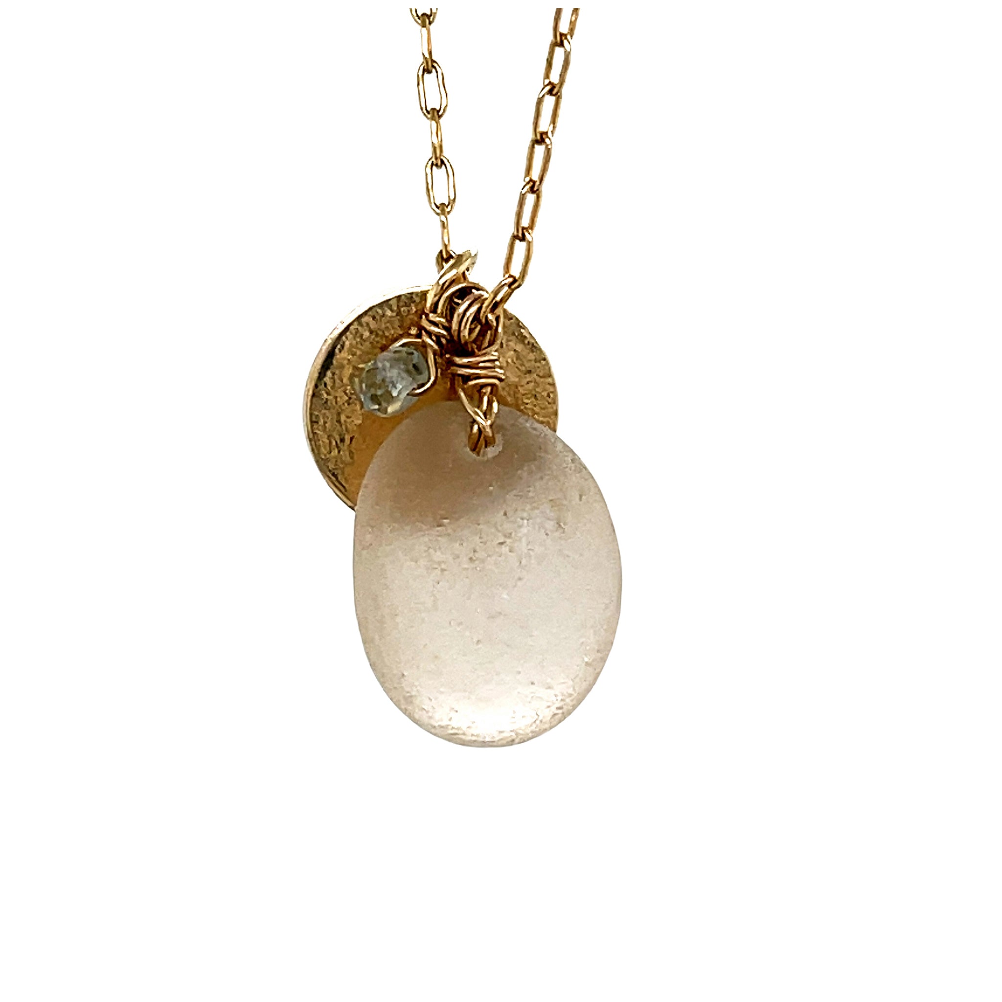 Clear Sea Glass Gold Disc Necklace