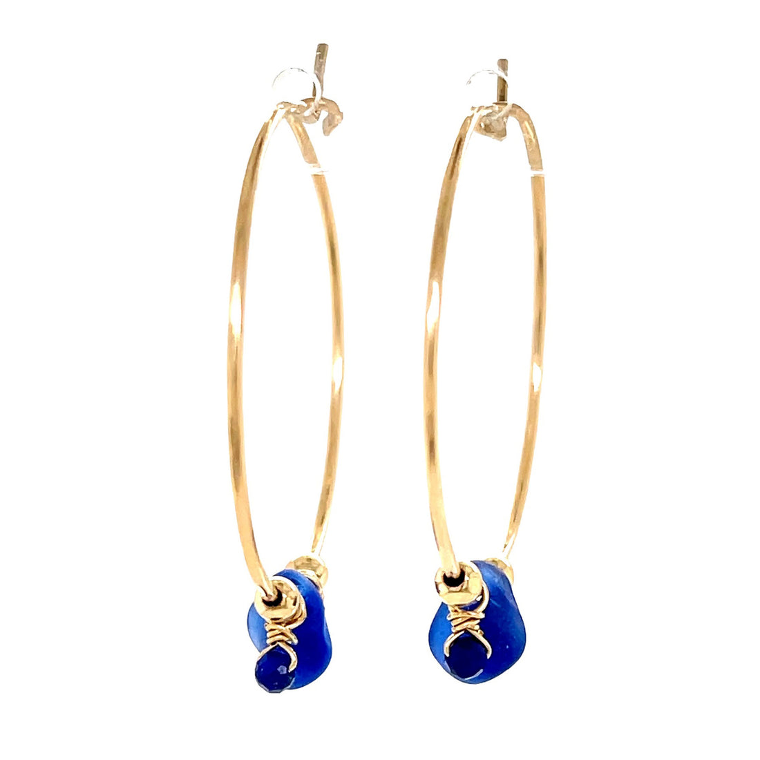 Blue Hoop Sea Glass Earrings - Lapis Lazuli Gold Hoops