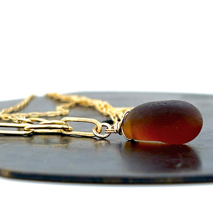 Rare Amber Sea Glass Gold Chain Necklace