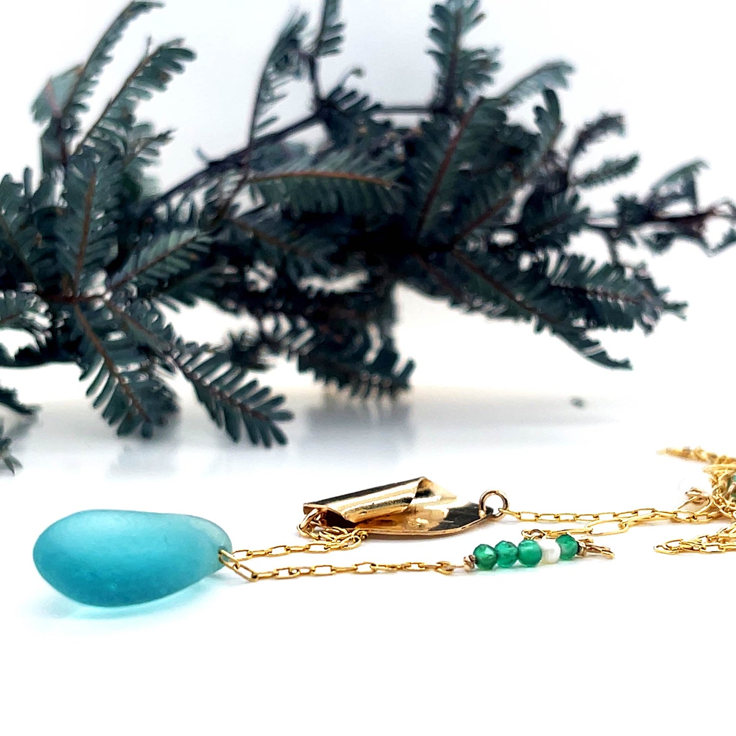 Turquoise Sea Glass, Pearl &amp; Green Onyx Gold Leaf Necklace