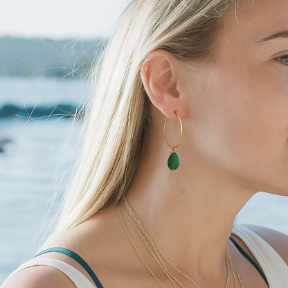 Gold hoop earrings with removable green sea glass charms
