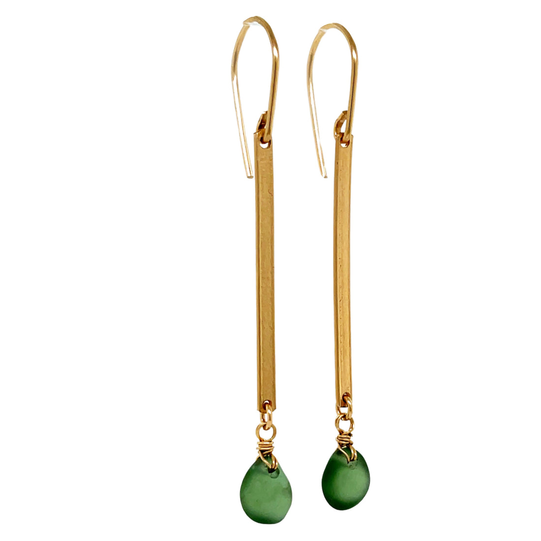 Gold Bar Drop Earrings - Green Sea Glass