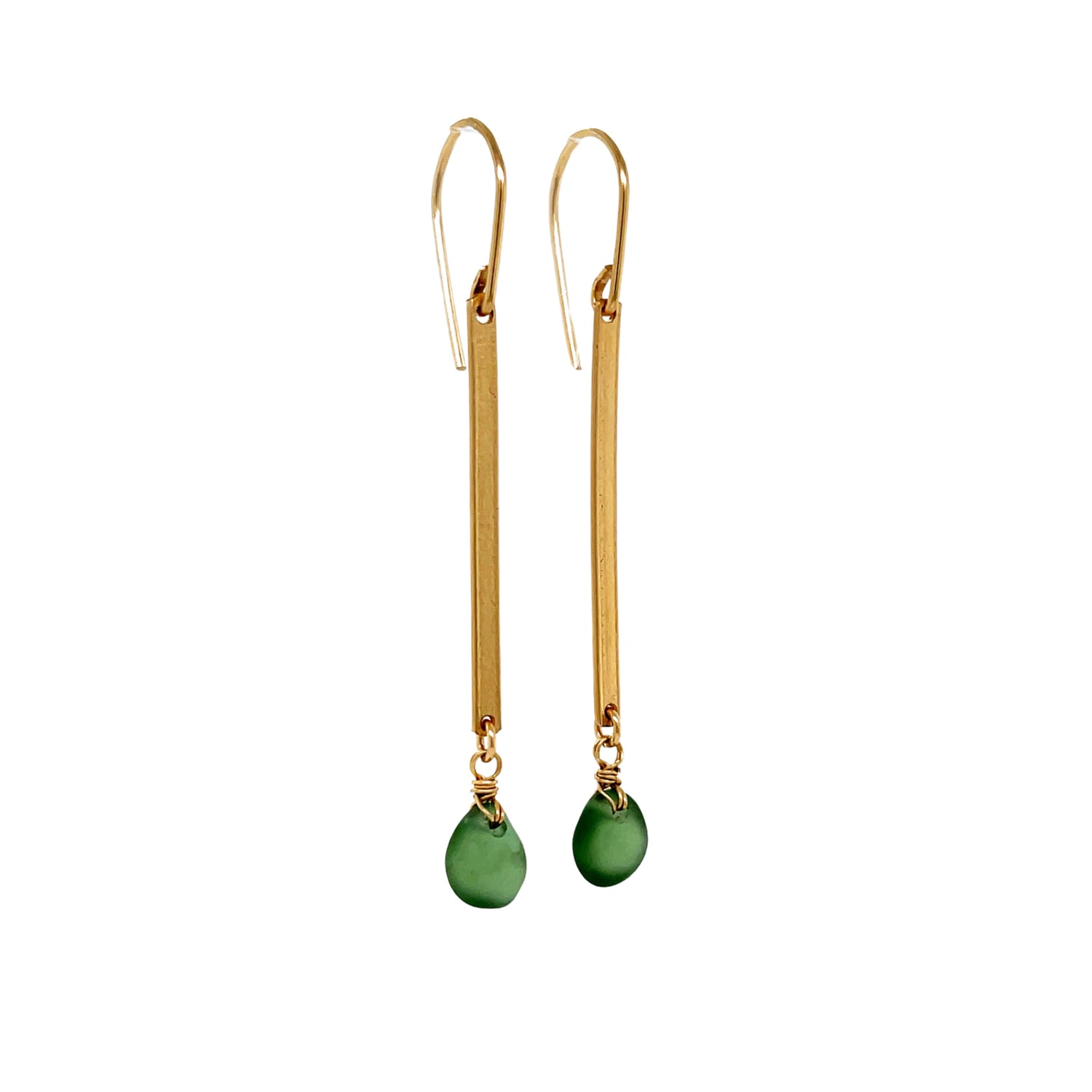 Green Sea Glass Gold Bar Earrings