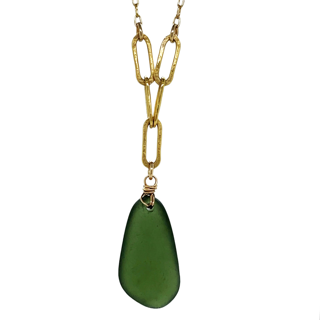 Short gold chain necklace with antique sea glass pendant and matte-hammered links