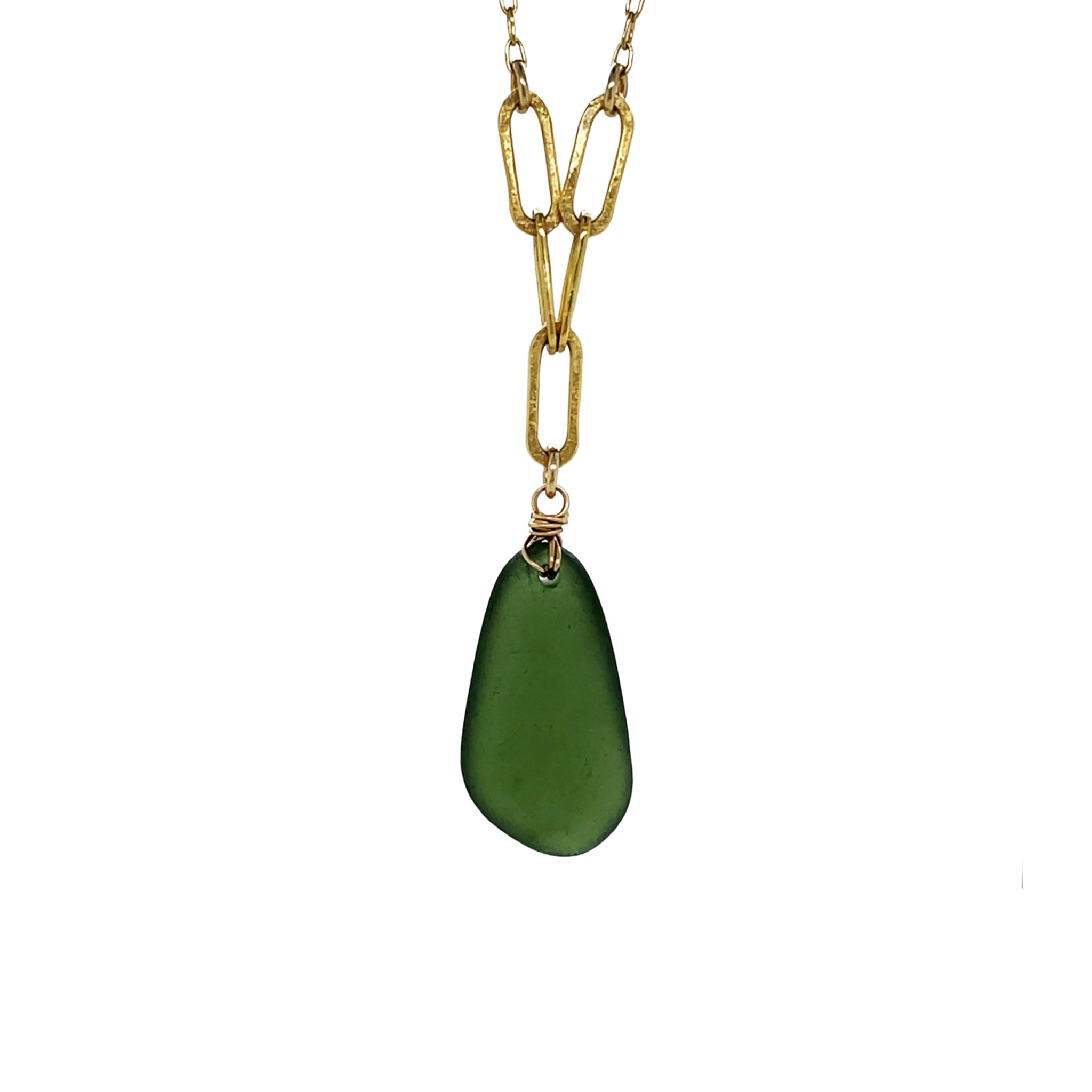 Green Sea Glass Gold Paperclip Necklace