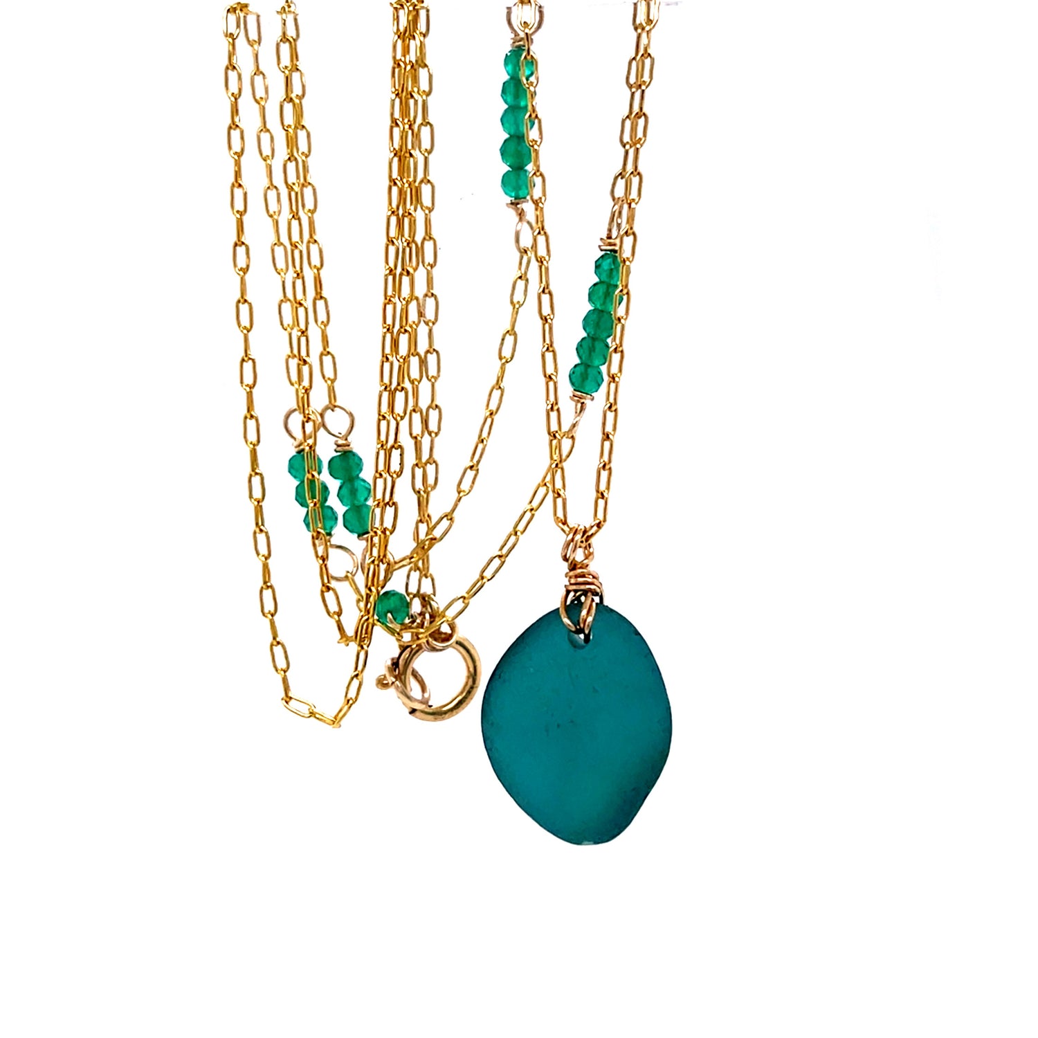 Green Onyx &amp; Teal Sea Glass Gold Necklace