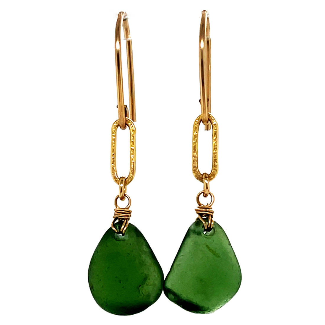Elegant green glass matte gold rectangle earrings