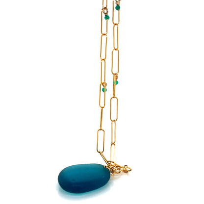 Green Onyx &amp; Teal Sea Glass Gold Statement Necklace