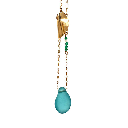 Turquoise Sea Glass, Pearl &amp; Green Onyx Gold Leaf Necklace