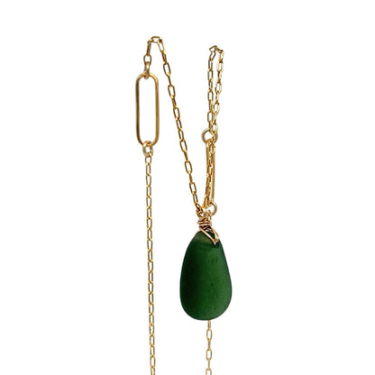 Green Sea Glass Paperclip Gold Necklace