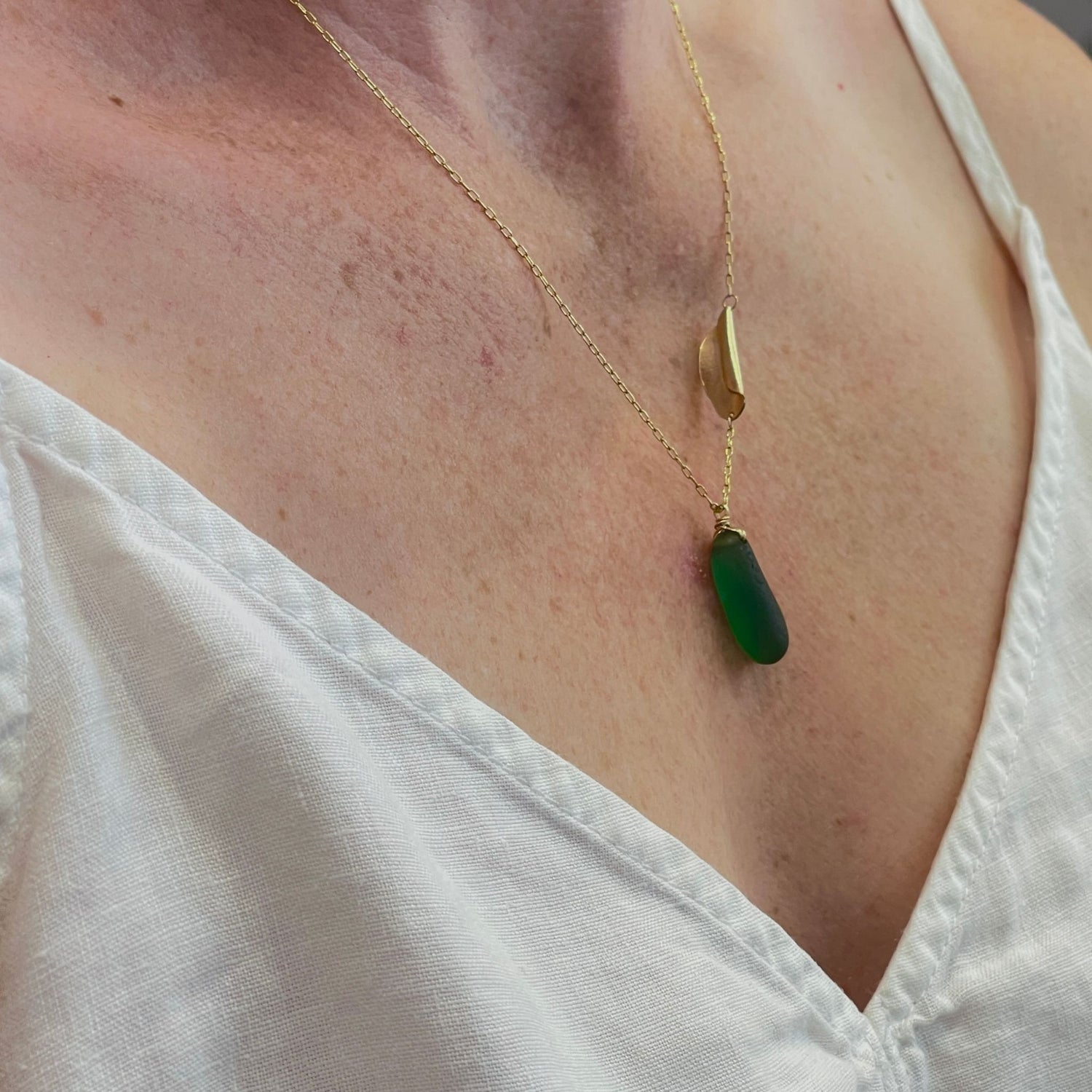 Green Sea Glass Gold Necklace With Folded Leaf Charm