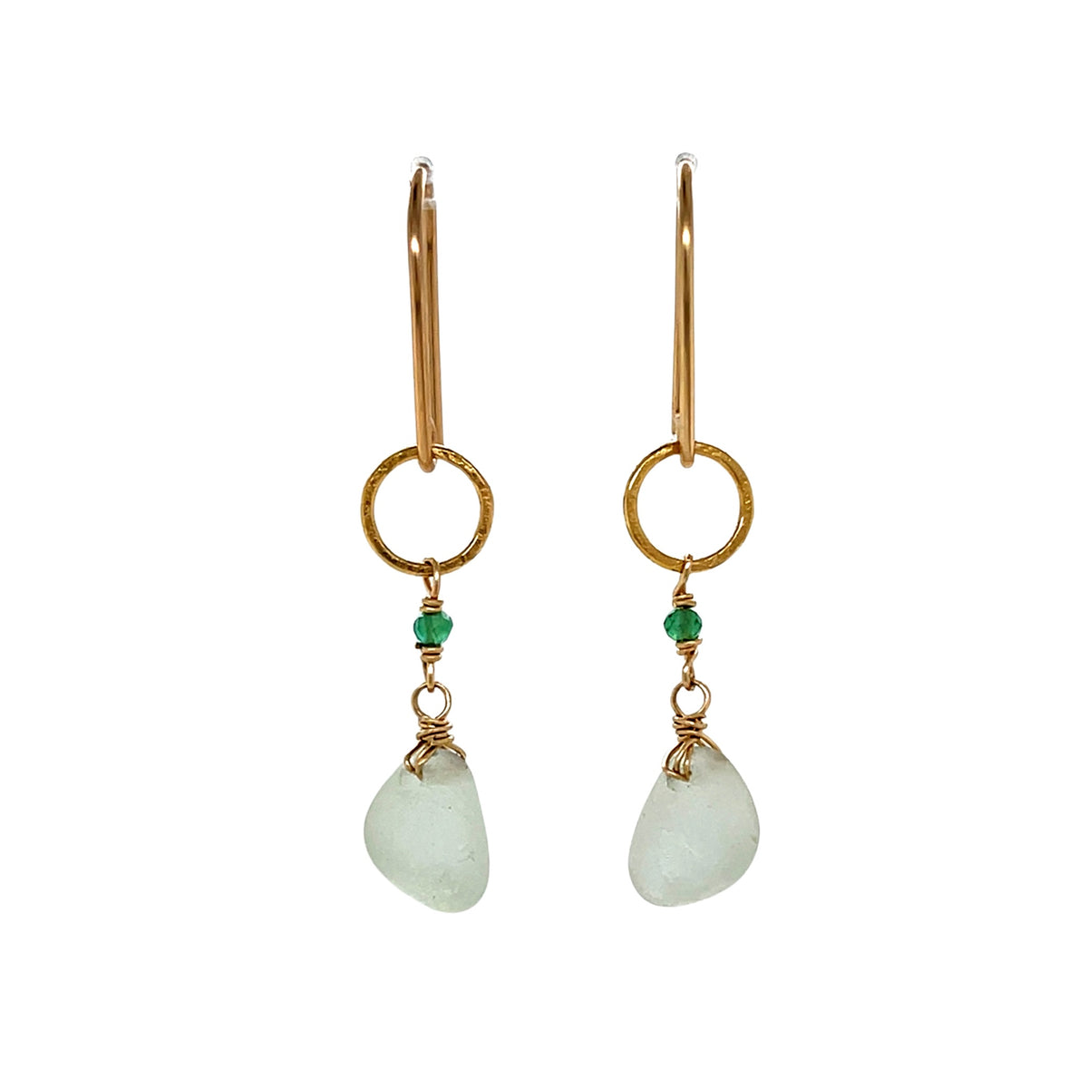 Seafoam Sea Glass, Onyx Gold Earrings