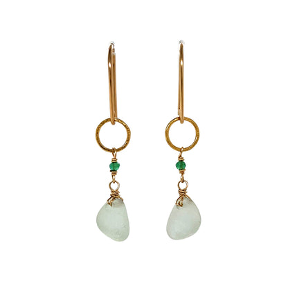 Seafoam Sea Glass &amp; Green Onyx Gold Earrings