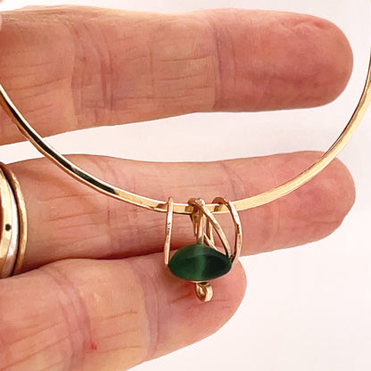 handmade jewellery shop gold bangle with green seglass dangles Brisbane