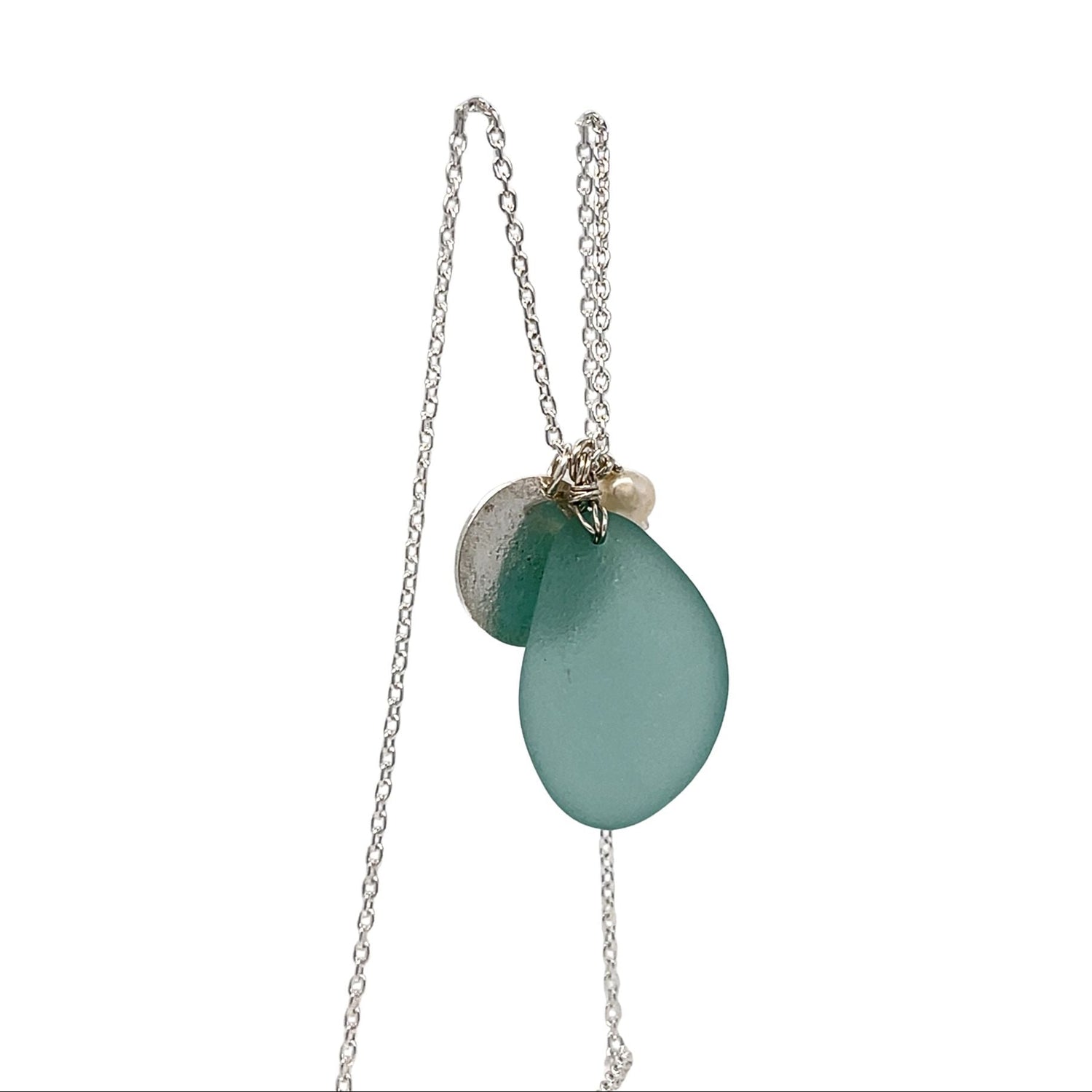Aqua sea glass necklace with pearl and hammered silver disc