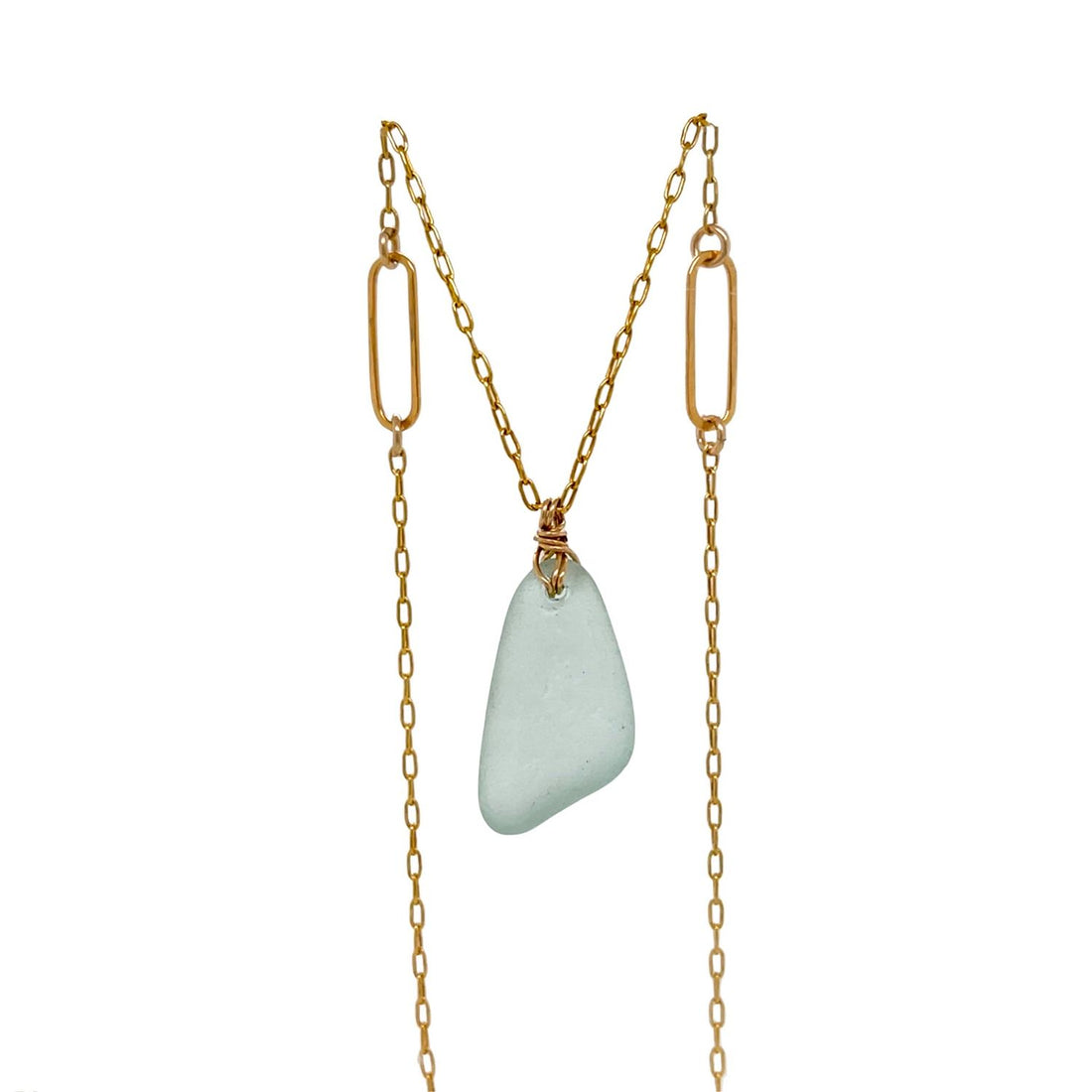 Seafoam Sea Glass Paperclip Gold Necklace