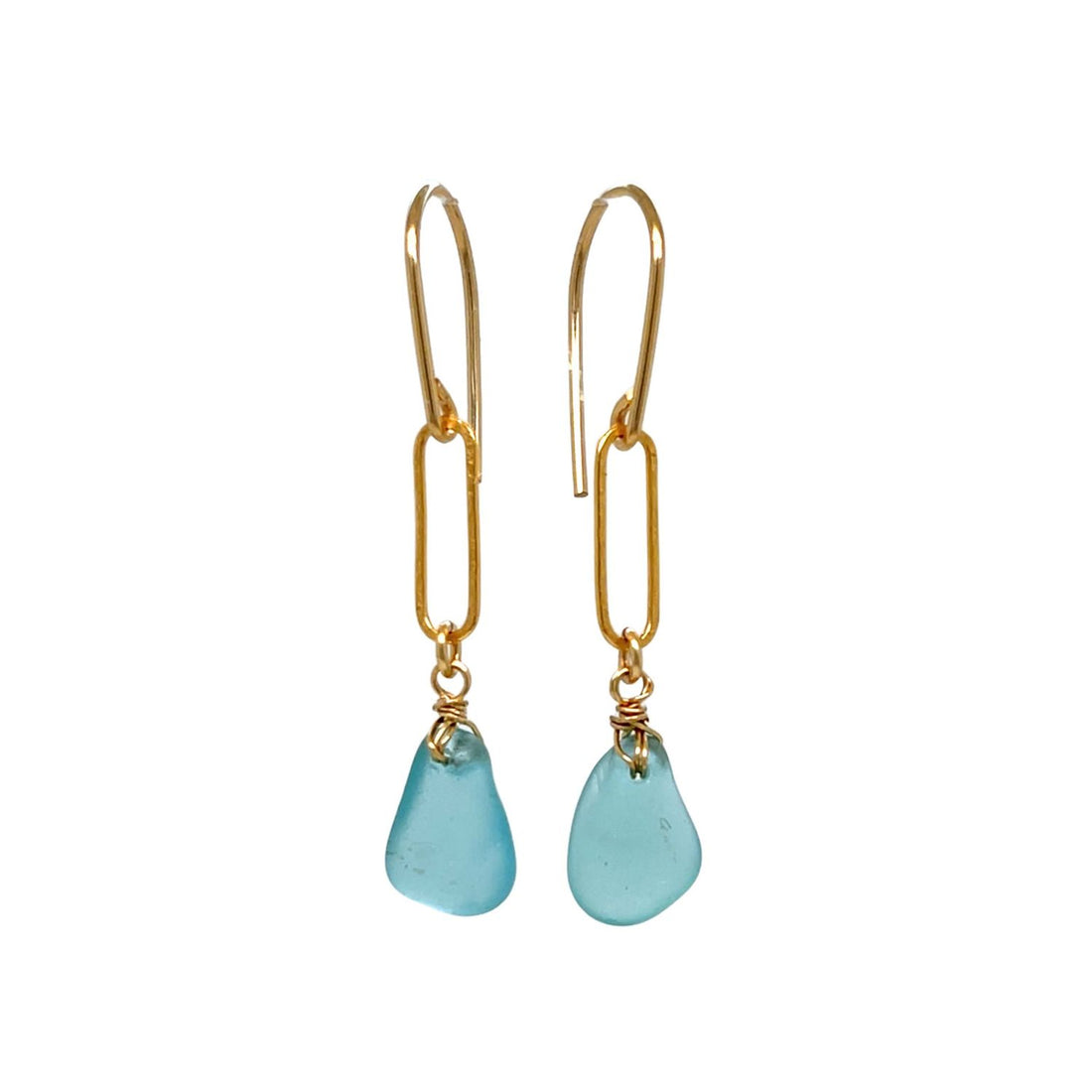 Turquoise Sea Glass Paperclip Gold Earrings