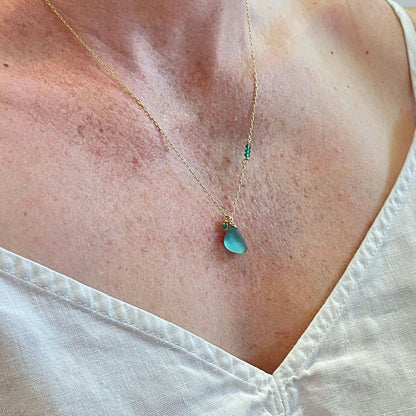 Sea Green Sea Glass Gold Necklace with Green Onyx Accents