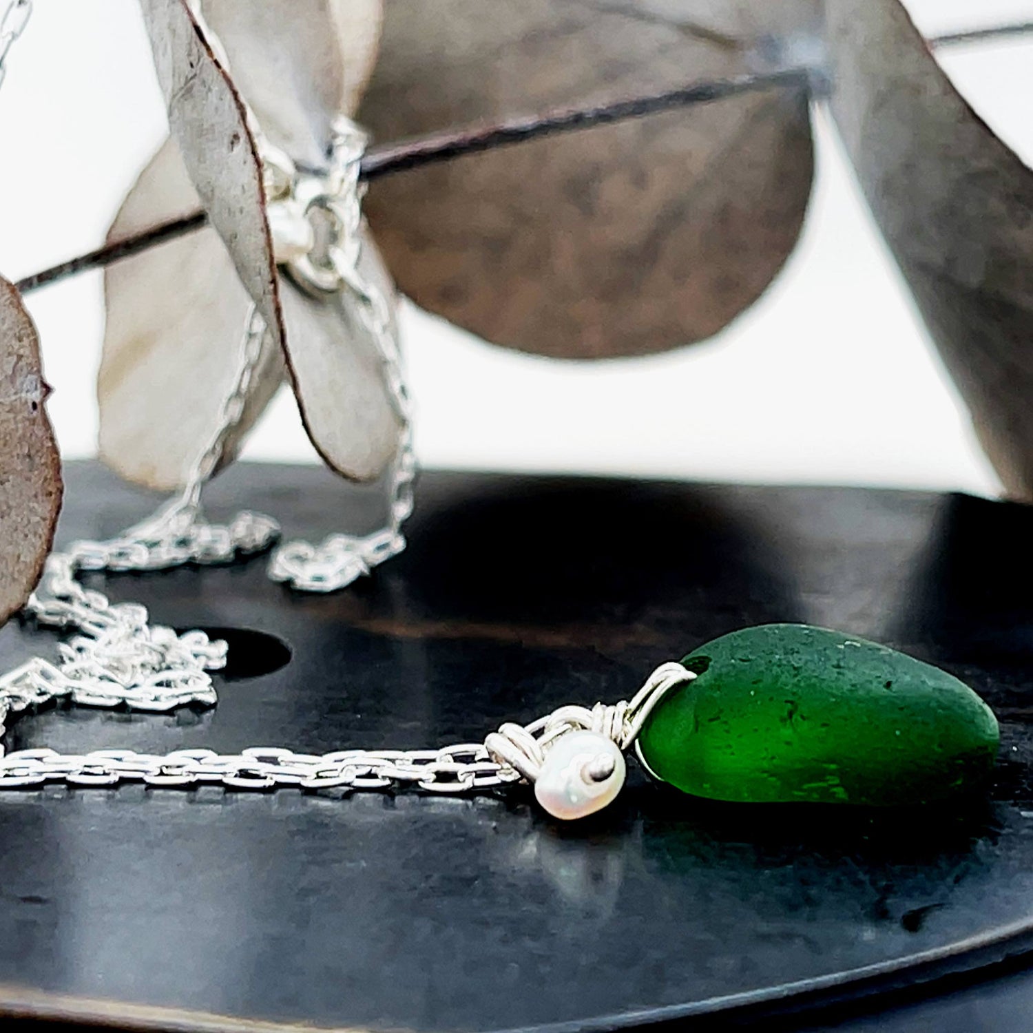 Emerald Green &amp; Pearl Silver Sea Glass Necklace