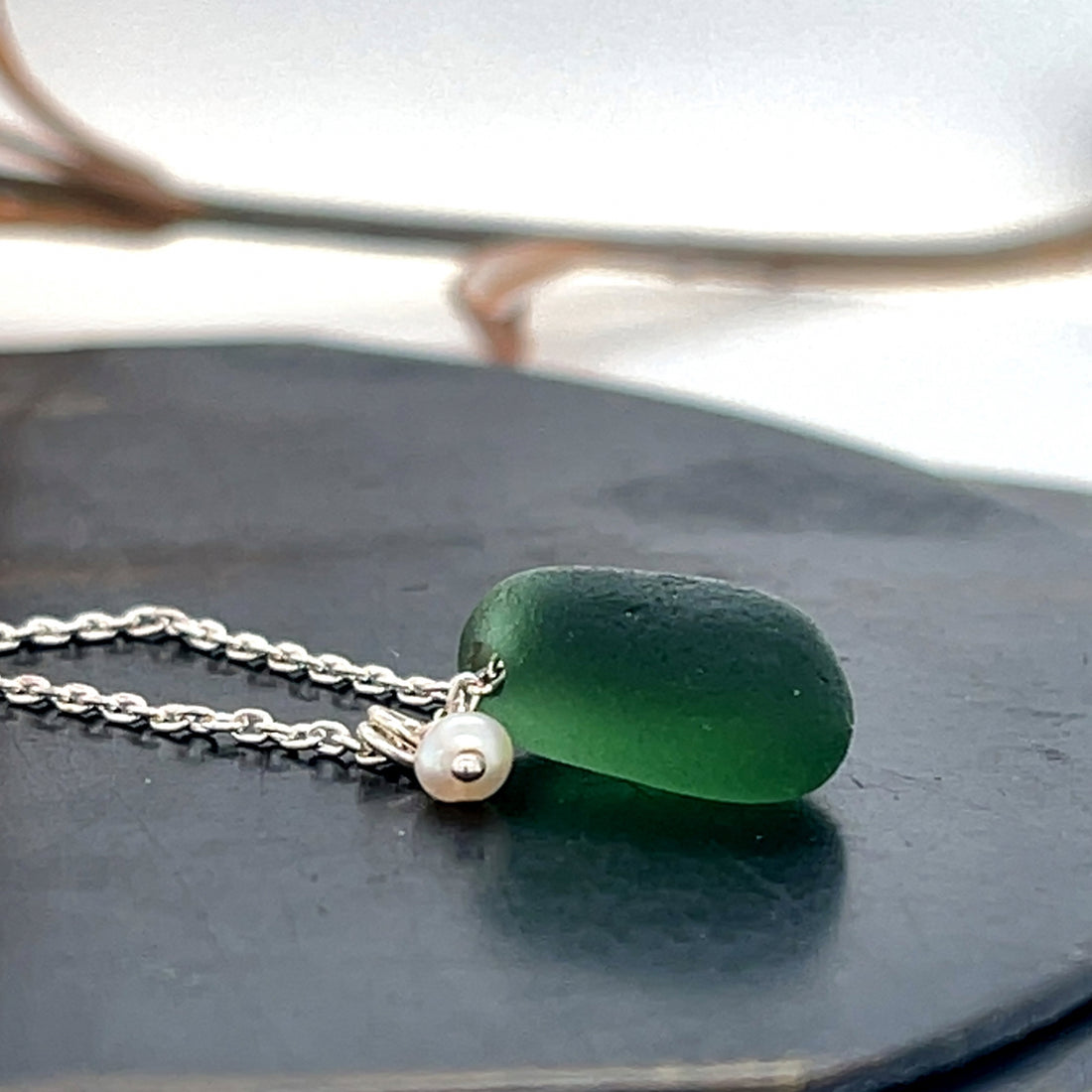 Green Sea Glass  &amp; Pearl Silver Necklace