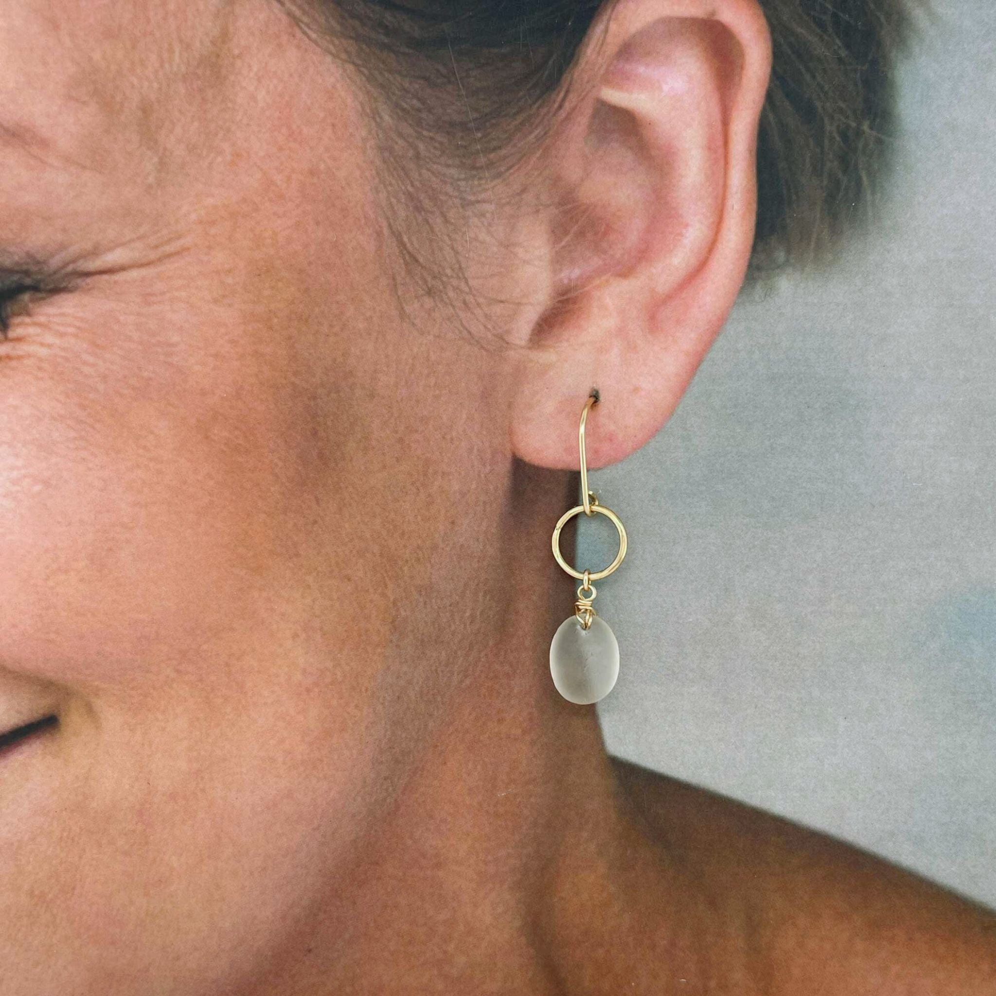 Clear Sea Glass Circle Gold Earrings