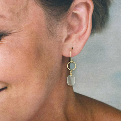 Clear Sea Glass Circle Gold Earrings