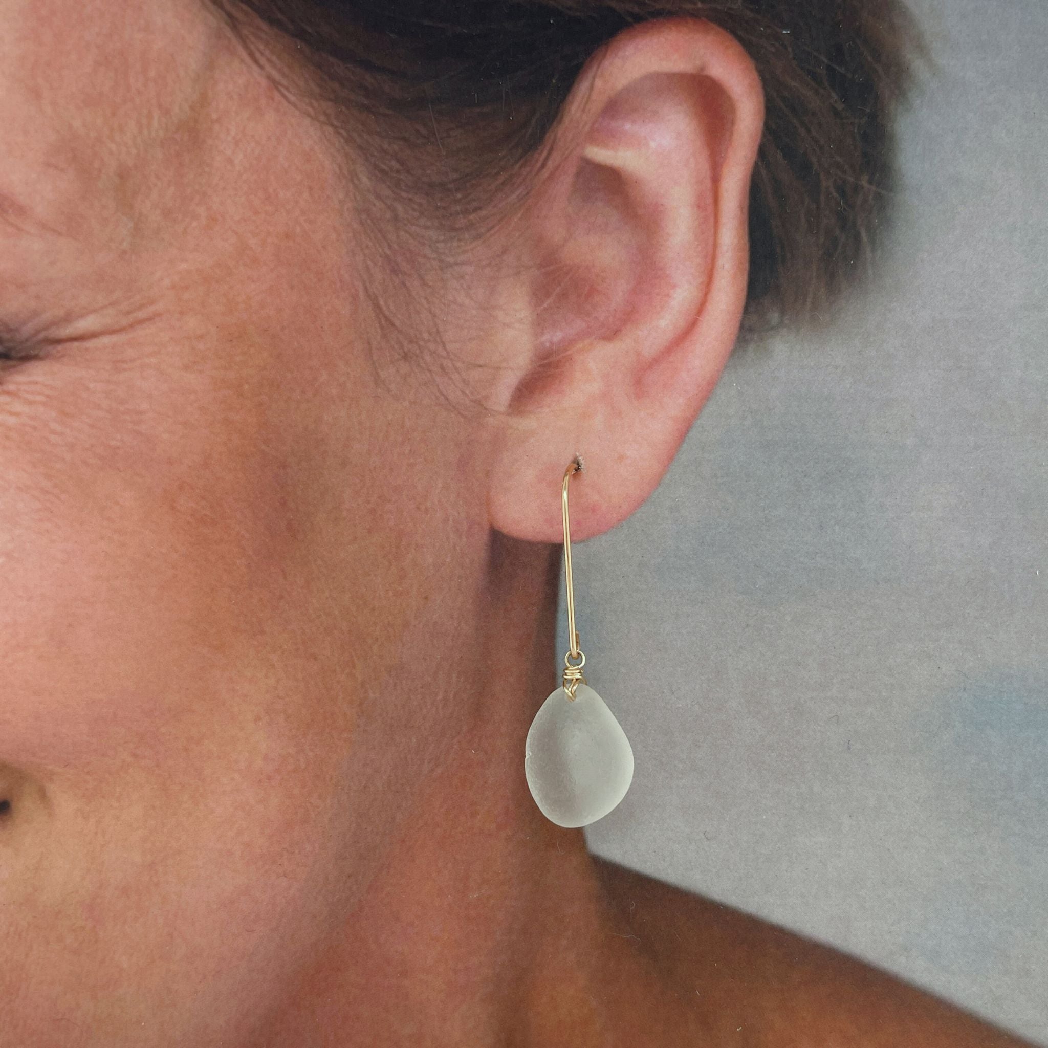 Clear Sea Glass Gold Drop Earrings | Kriket Broadhurst Jewellery