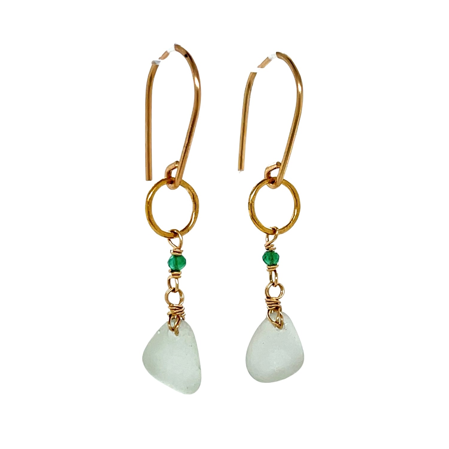 Seafoam Sea Glass &amp; Green Onyx Gold Earrings