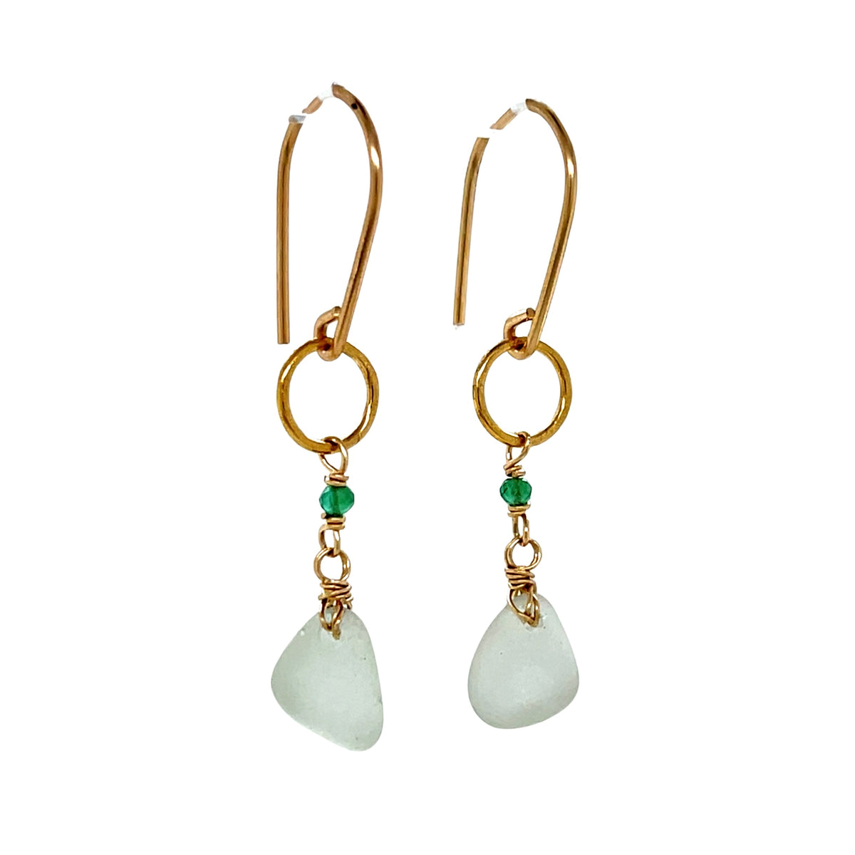 Seafoam Sea Glass, Onyx Gold Earrings