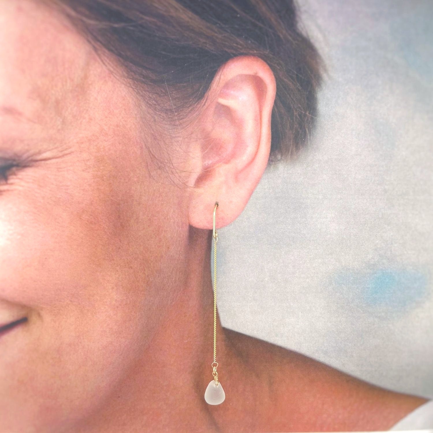 Clear Sea Glass Chain Gold Earrings