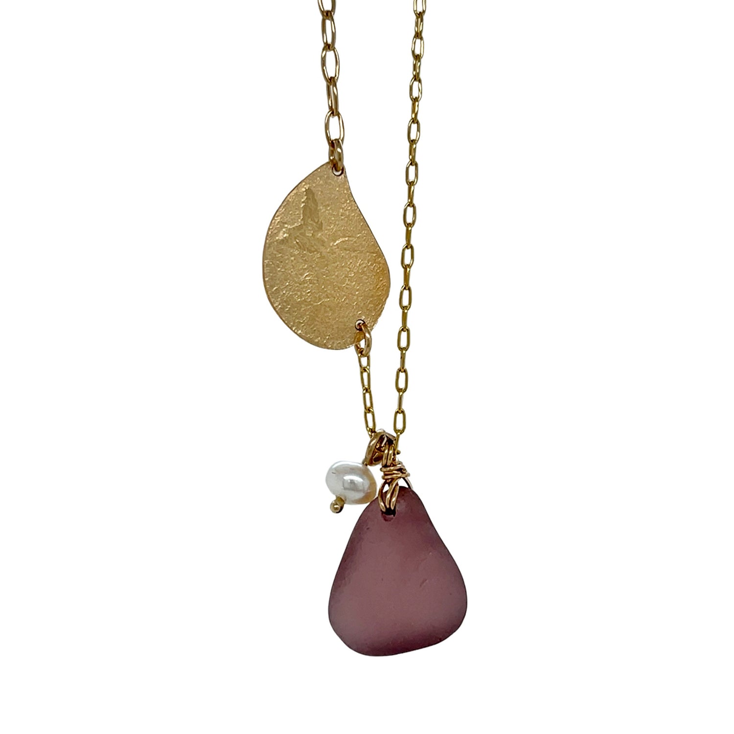 Mulberry Sea Glass &amp; Pearl Gold Leaf Necklace