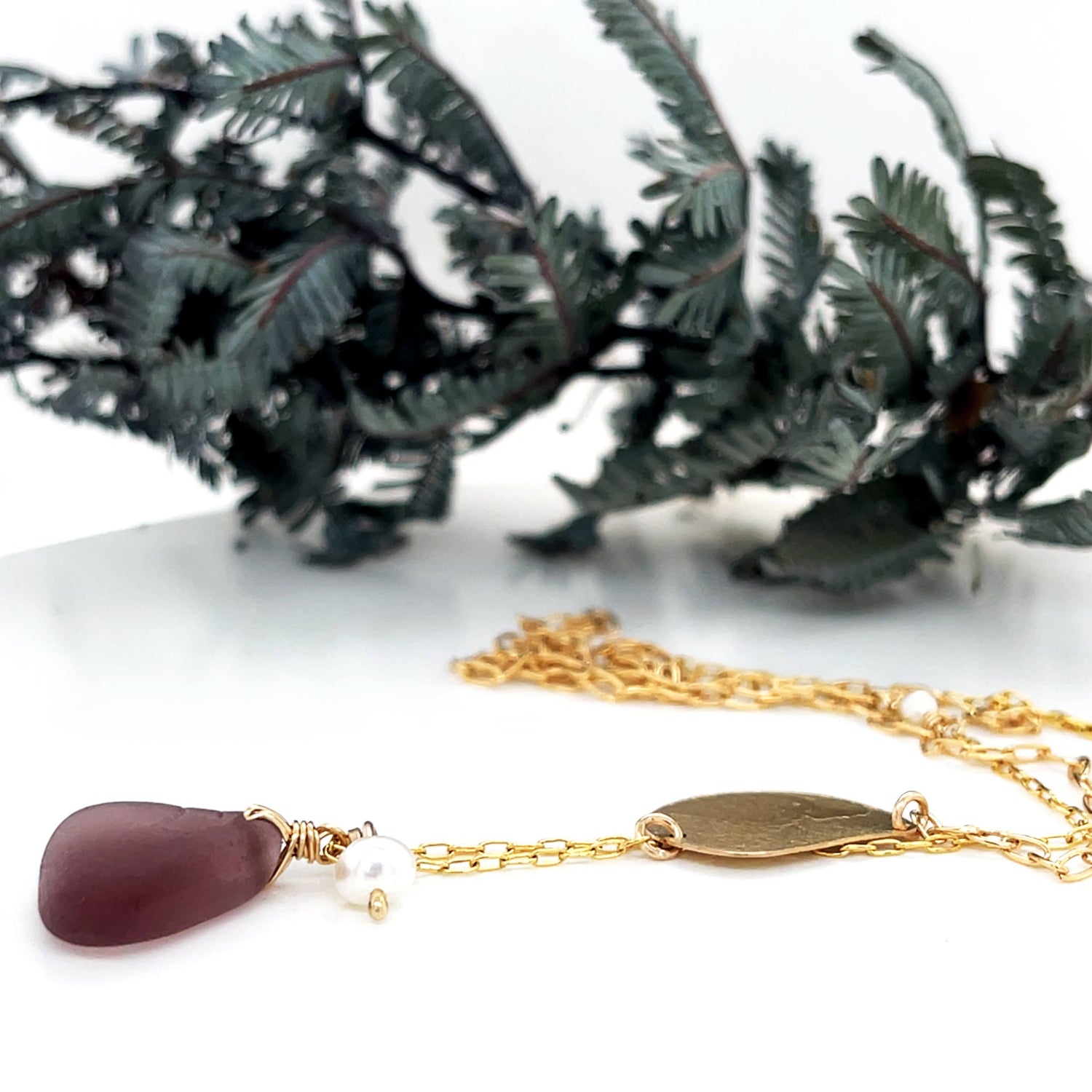 Mulberry Sea Glass &amp; Pearl Gold Leaf Necklace