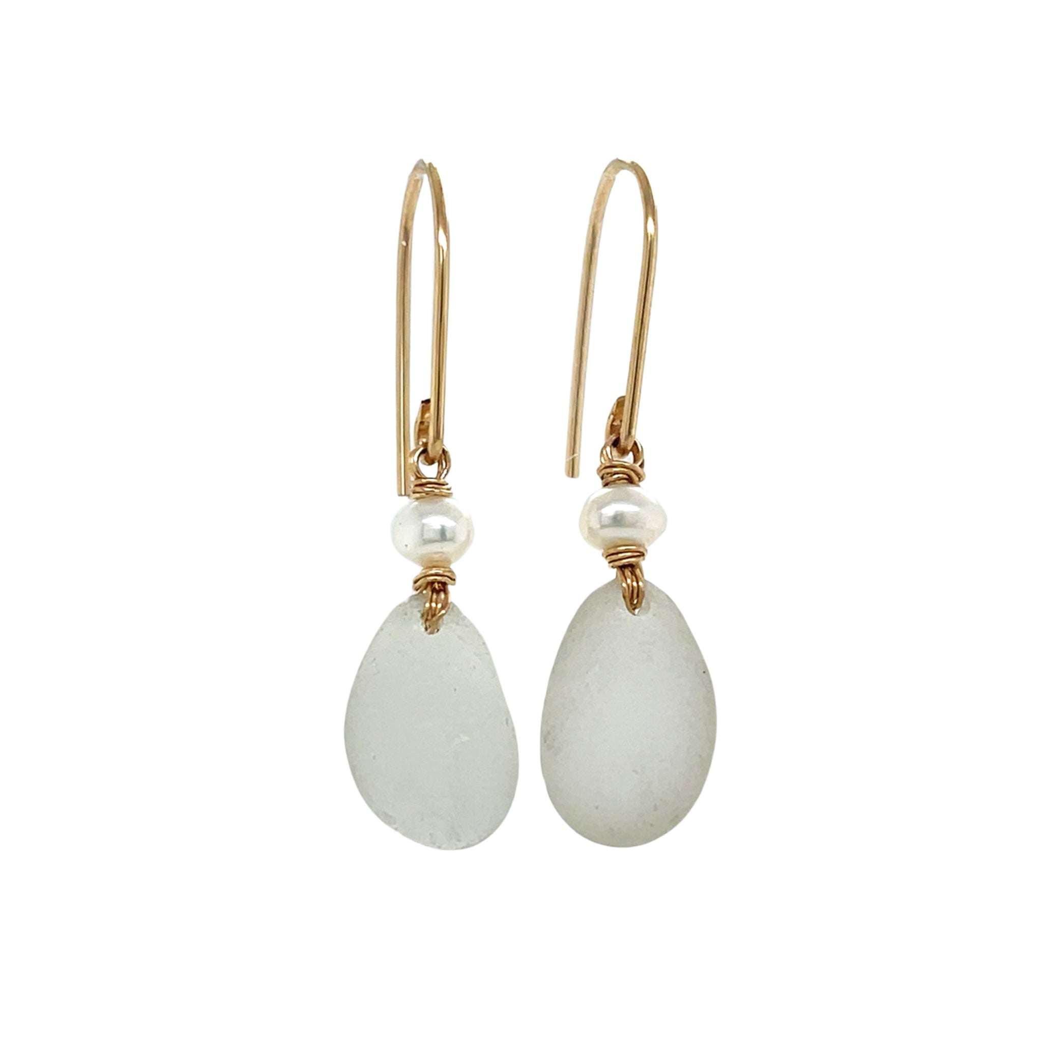 Clear Sea Glass Gold Pearl Earrings