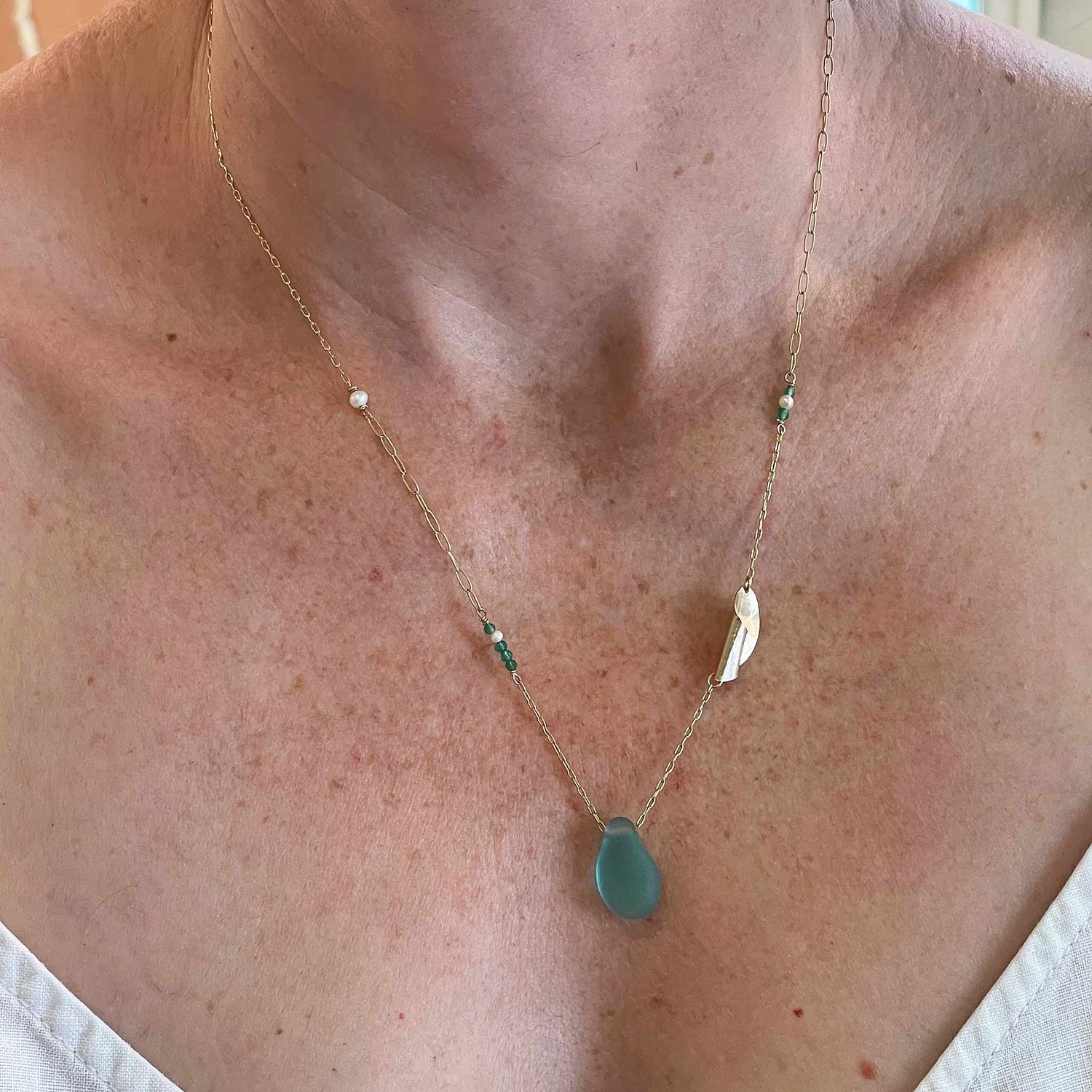 Turquoise Sea Glass, Pearl &amp; Green Onyx Gold Leaf Necklace