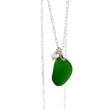 Emerald Green &amp; Pearl Silver Sea Glass Necklace