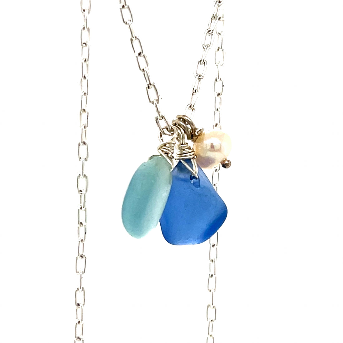 Mini Pearl, Turquoise &amp; Blue Sea Glass Silver Charm Necklace