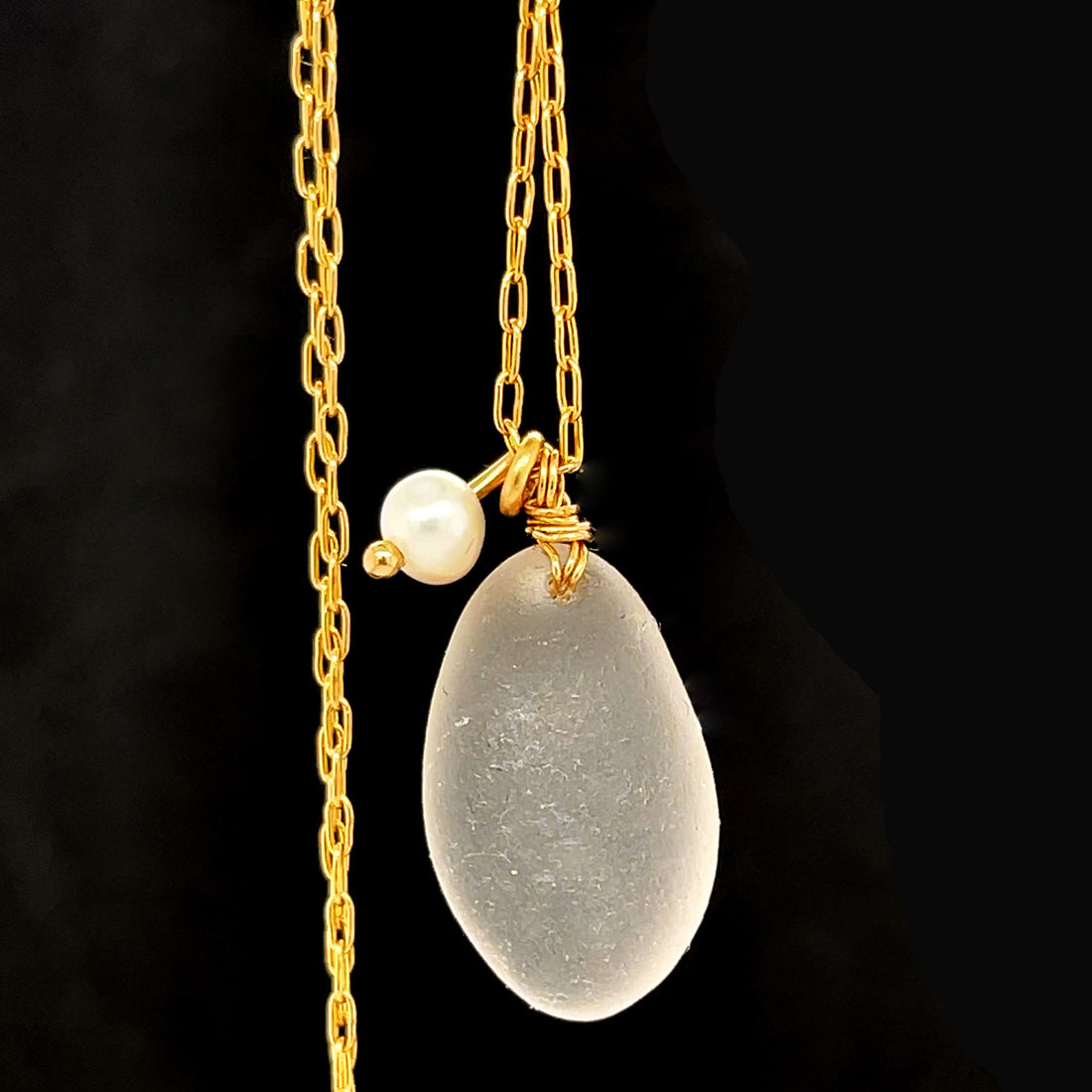 Gold Pearl Charm Necklace - Clear Sea Glass Necklace