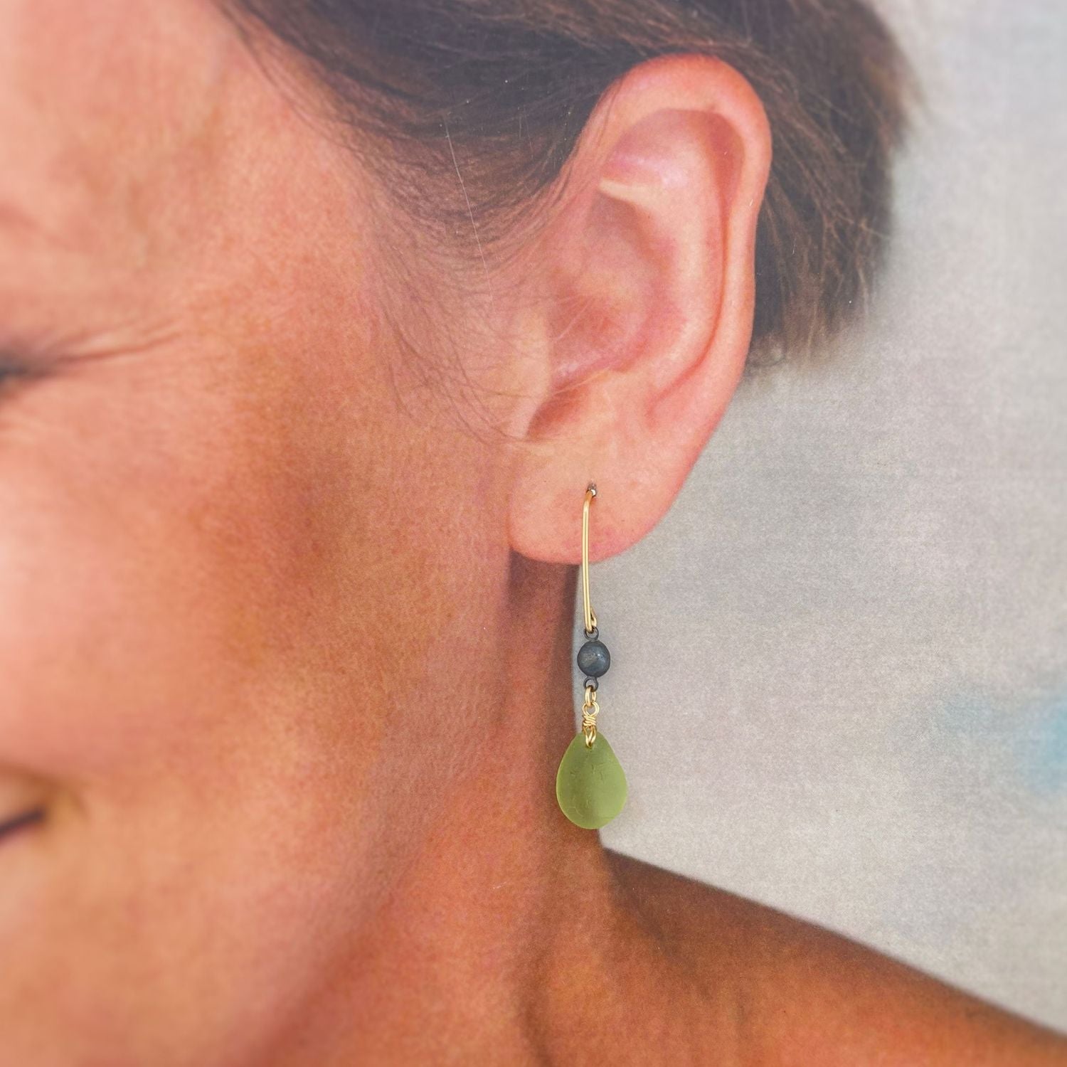 Green Sea Glass Gold Chandelier Earrings