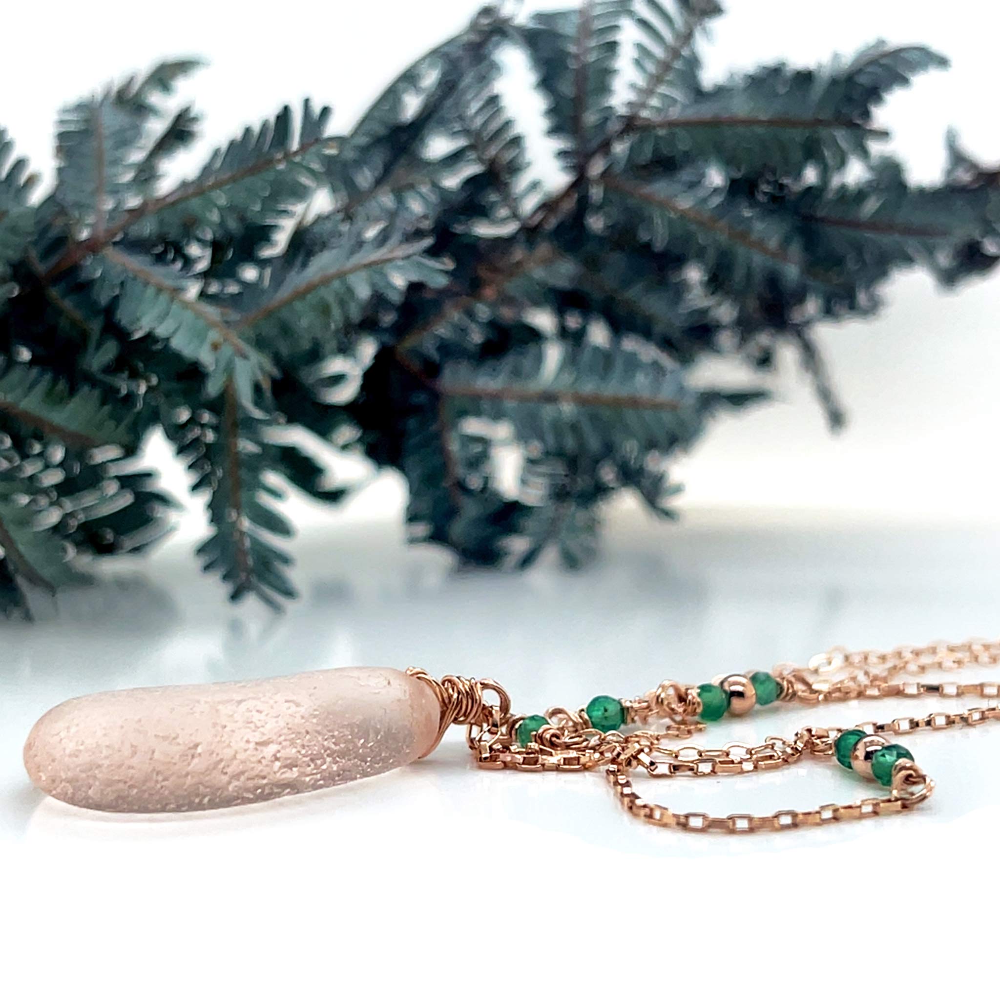 Rose Gold Pink Sea Glass &amp; Green Onyx Necklace